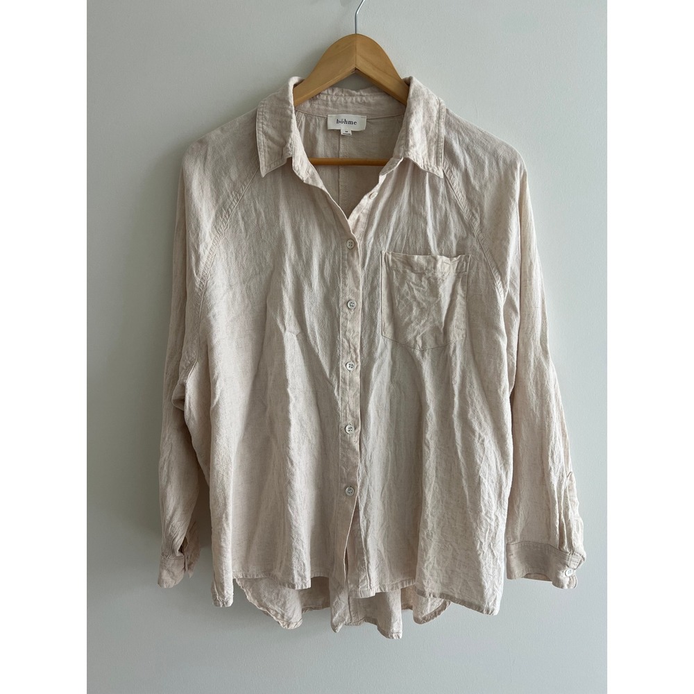 Bohme Linen Blend Oversized Button Down Shirt Natural Oatmeal Medium‎ Boho